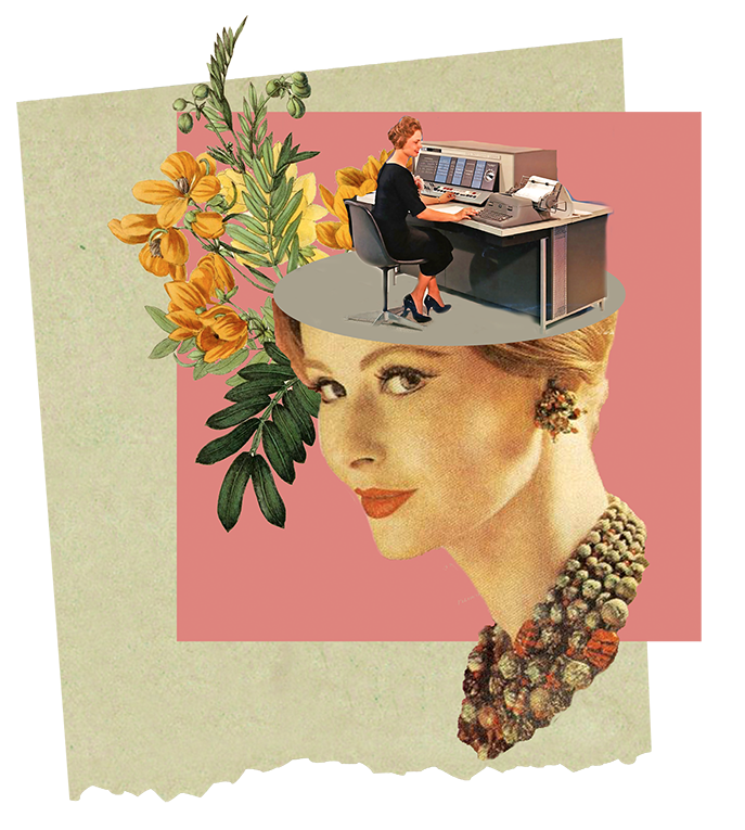 surreal collage of a lady operating a desk on top of another woman's head