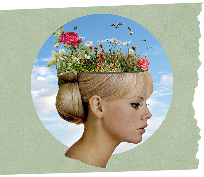 surreal collage of a woman's head being full of flowers and greenery