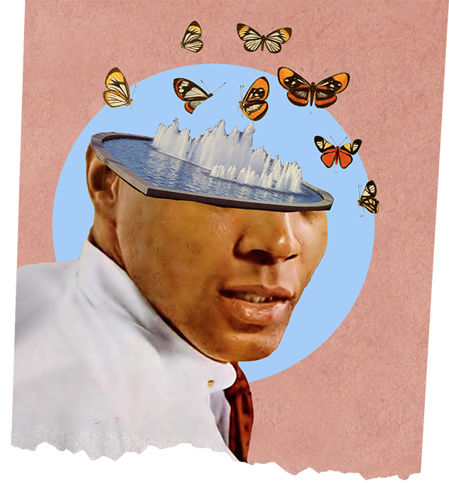 surreal collage of a man with a fountain for a head, surrounded by butterflies