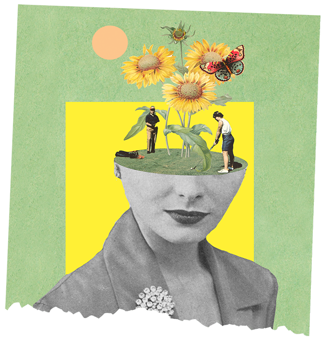 surreal collage of a woman's head being used as a putting green