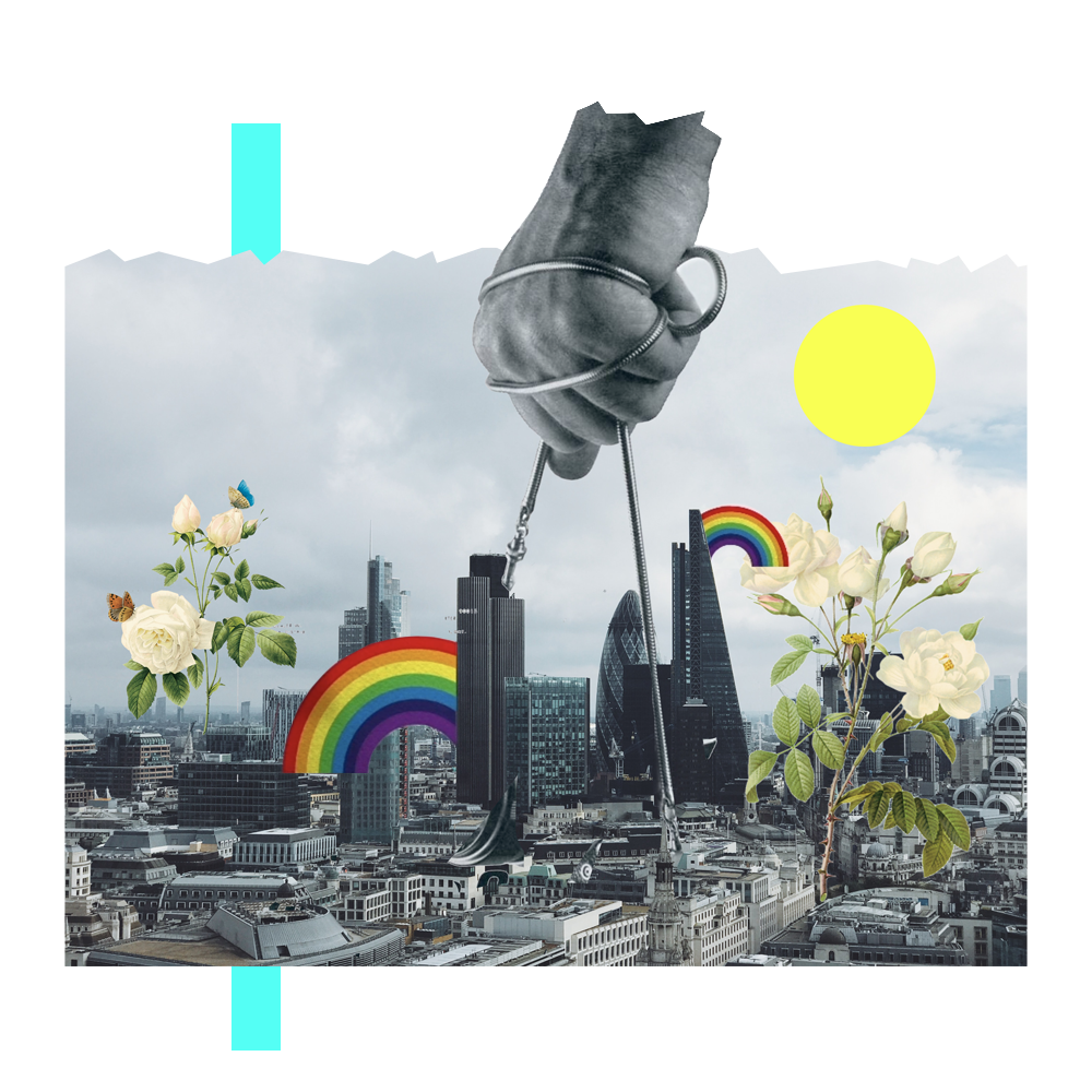 surreal image of a floating hand pulling a city, surrounded by flowers and rainbows