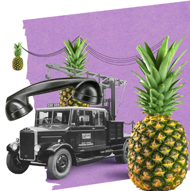 Vintage truck lifting a telephone surrounded by pineapples