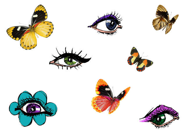 Image of eyes, butterflies, and flowers