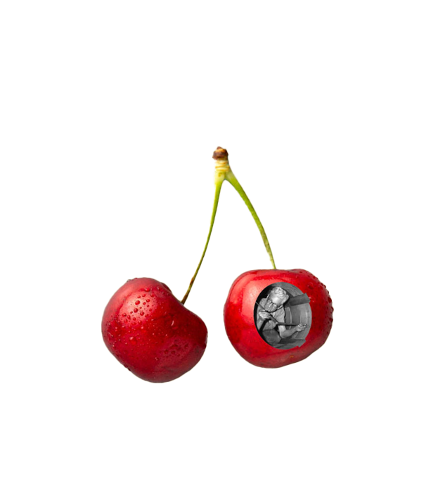 Surreal Image of a man tunneling through a cherry